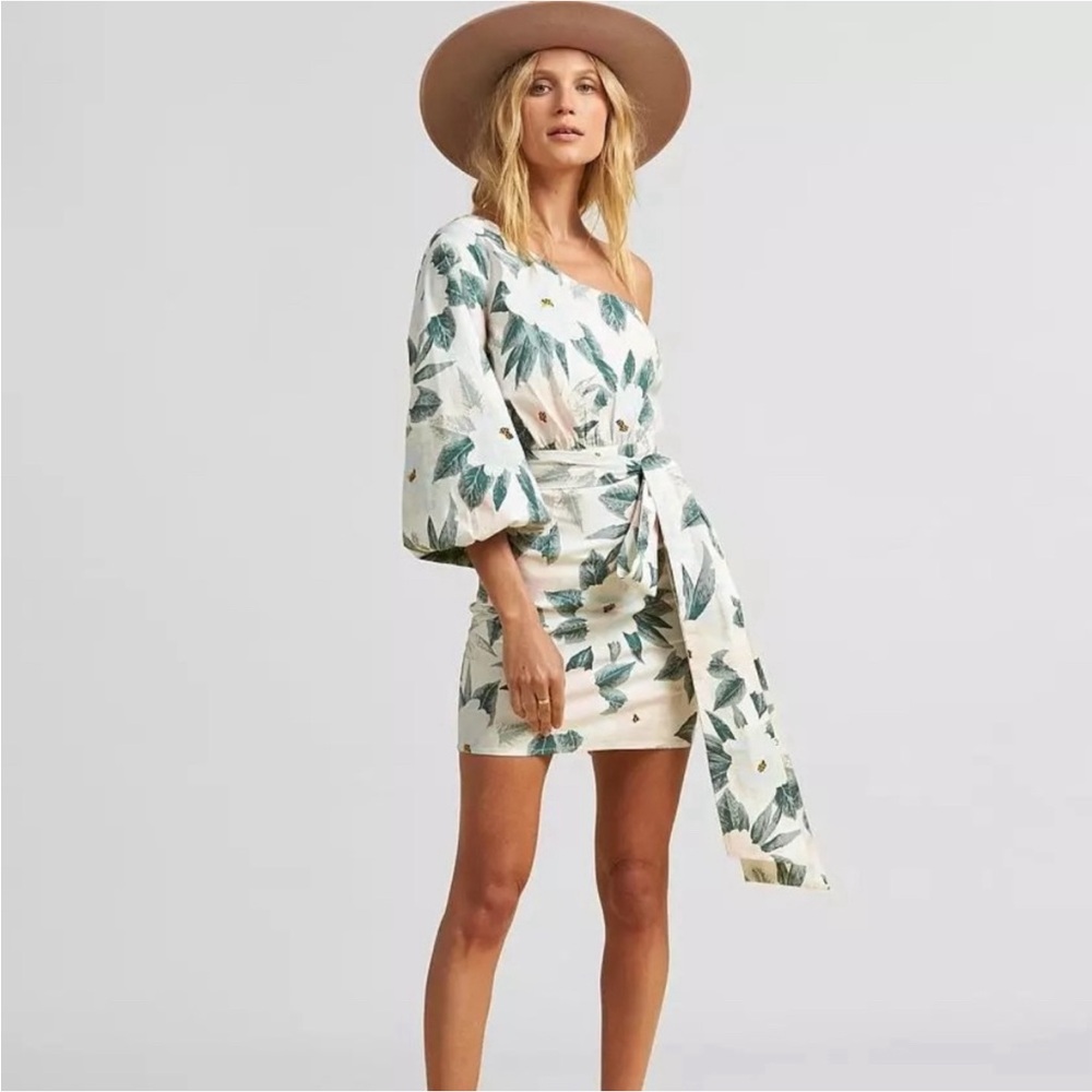 Billabong One-Shoulder Floral Mini Dress in Cream and Green